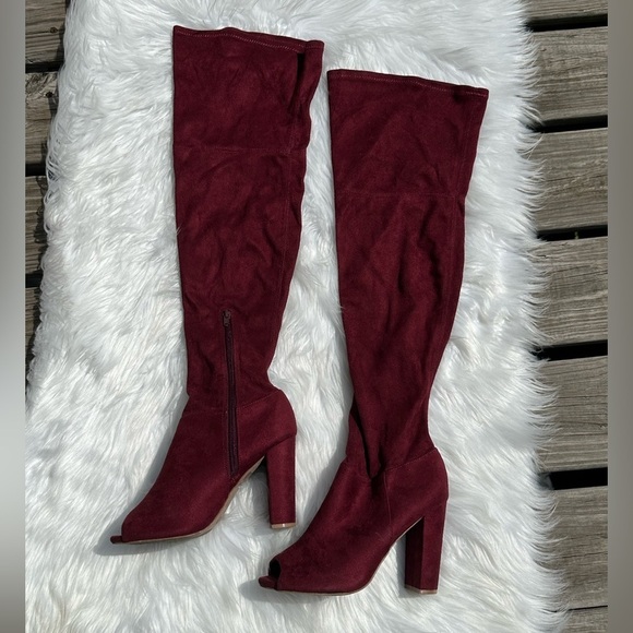 Block Heel Open Toe Knee-High Faux Surde Boots Size 7.5 - Picture 2 of 9